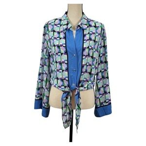 Floral & Ivy 3 button Geometric Patterned Tie Waist Blouse women’s size Large